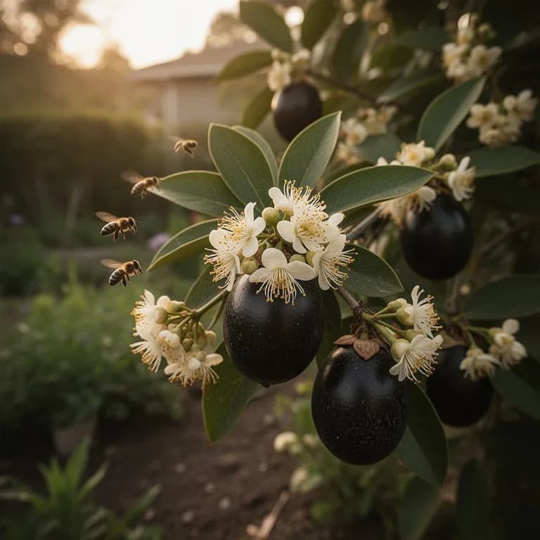 Kleine weiße röhrenförmige Blüten der Schwarzen Sapote, entlang eines Astes gruppiert