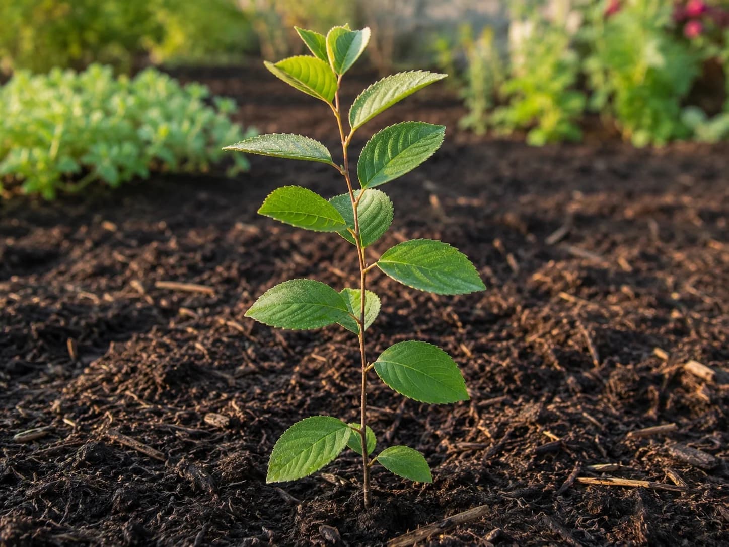 Young Saskatoon Berry seedling with small alternate oval leaves