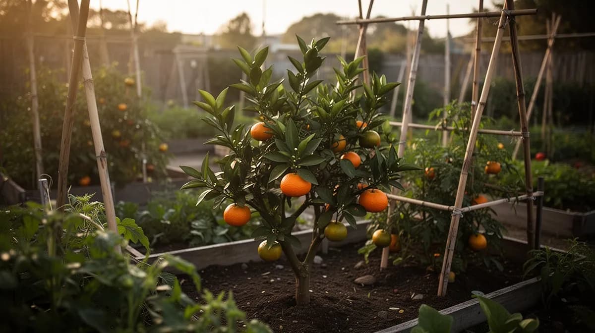 Zwerg-Satsuma-Mandarinenbaum in einem großen Kübel auf einer sonnigen Terrasse