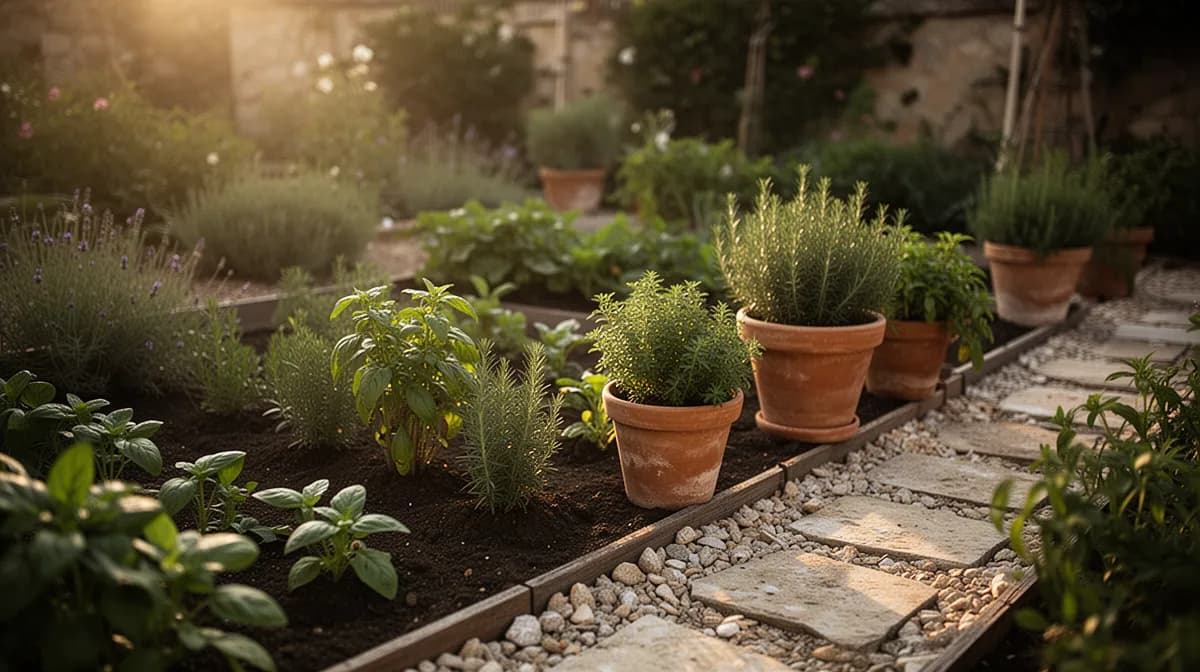 Buschige Sommerbohnenkraut-Pflanzen in einem sonnigen Kräutergarten neben Thymian und Oregano