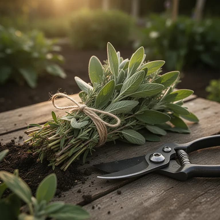Bündel frisch geernteter Sommerbohnenkraut-Stängel mit aromatischen dunkelgrünen Blättern