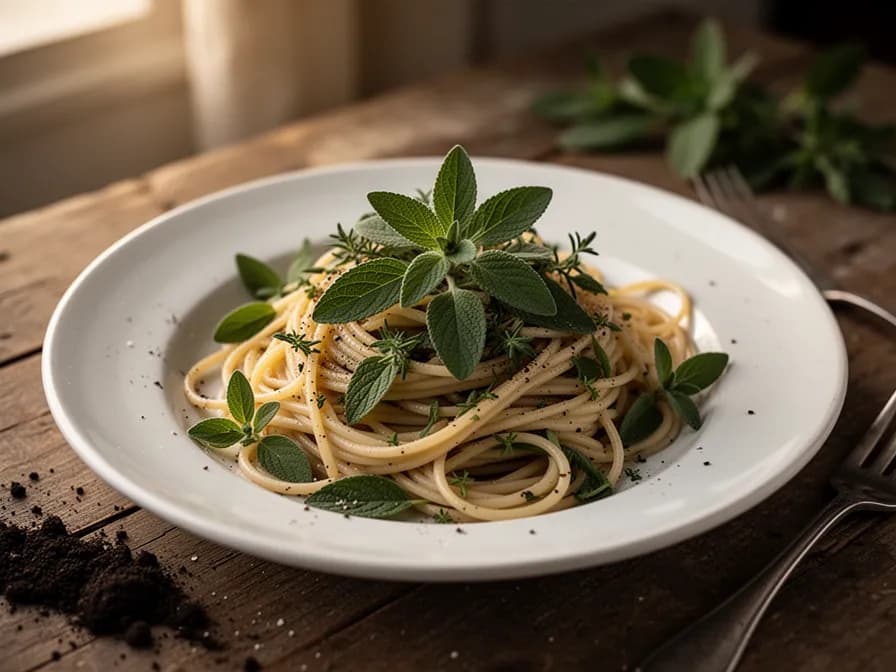Glastasse mit goldenem Sommerbohnenkraut-Kräutertee mit frischen Zweigen daneben