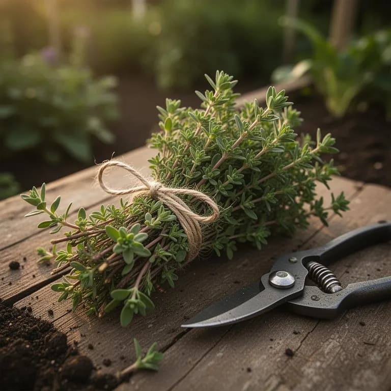 Ramas recién cosechadas de Bohnenkraut rastrero sobre una tabla de cortar de madera