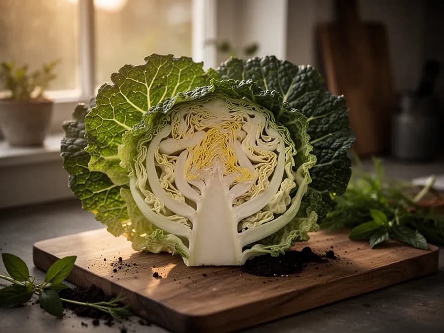 Savoy cabbage sliced in half showing layered interior
