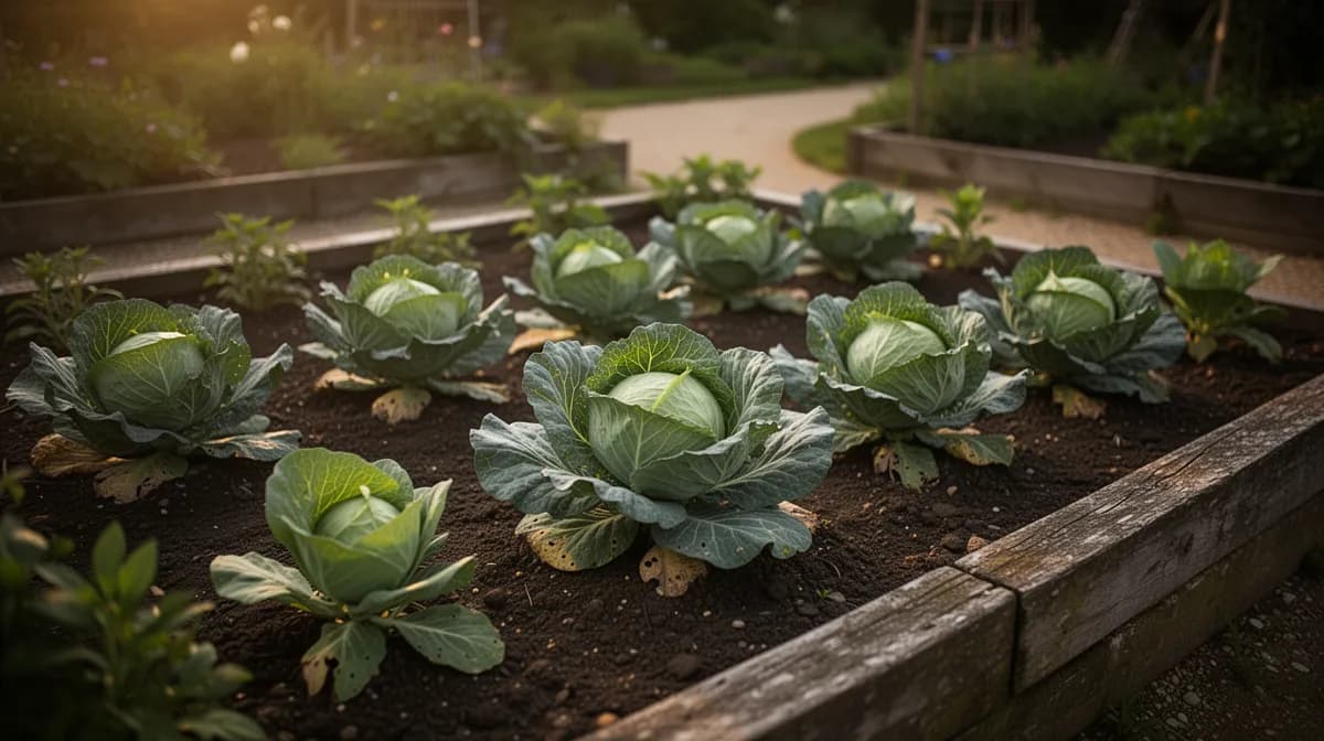 Row of savoy cabbages growing in a garden bed