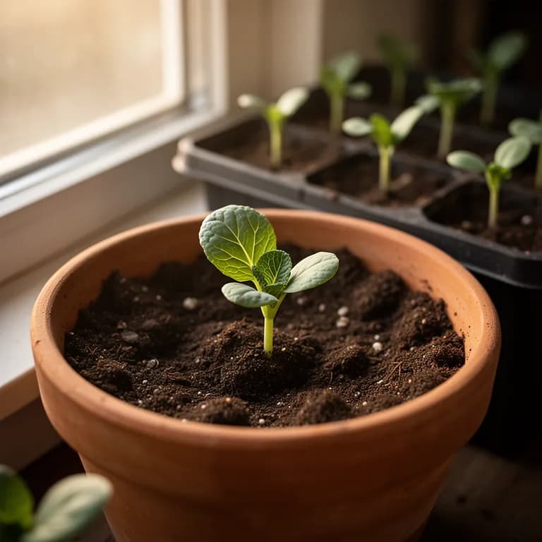 Young savoy cabbage seedling with first crinkled leaves