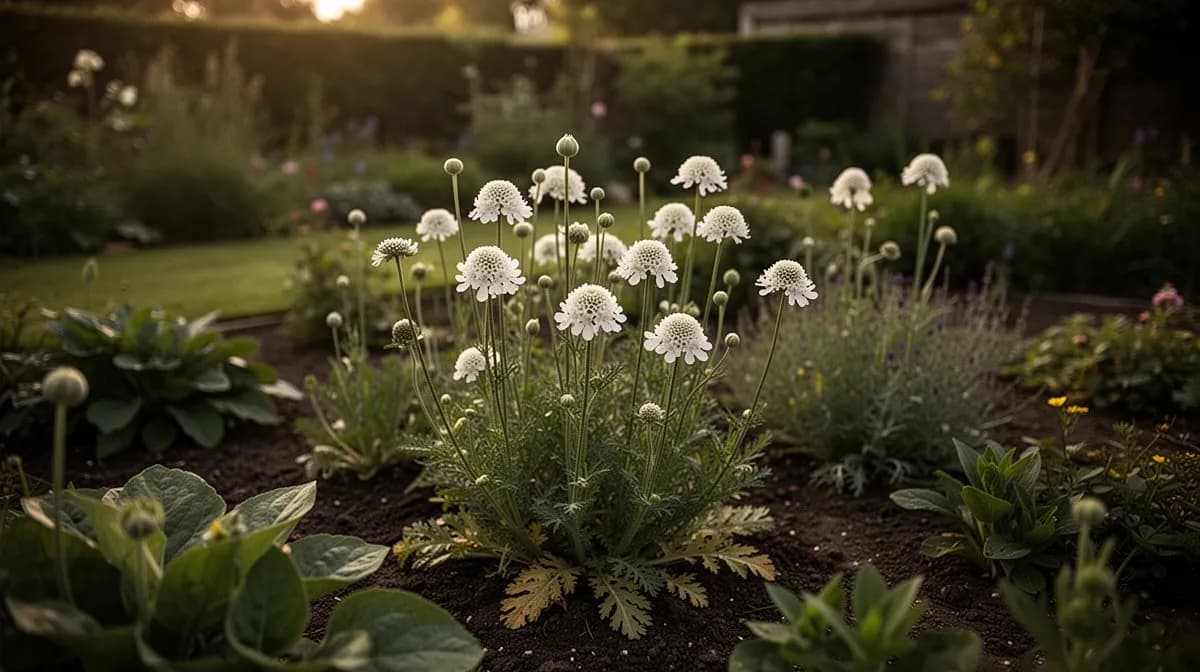 Ein vollständiges Gartenbeet mit Scabiosa stellata Pflanzen in verschiedenen Stadien mit sowohl Blüten als auch dekorativen Samenständen
