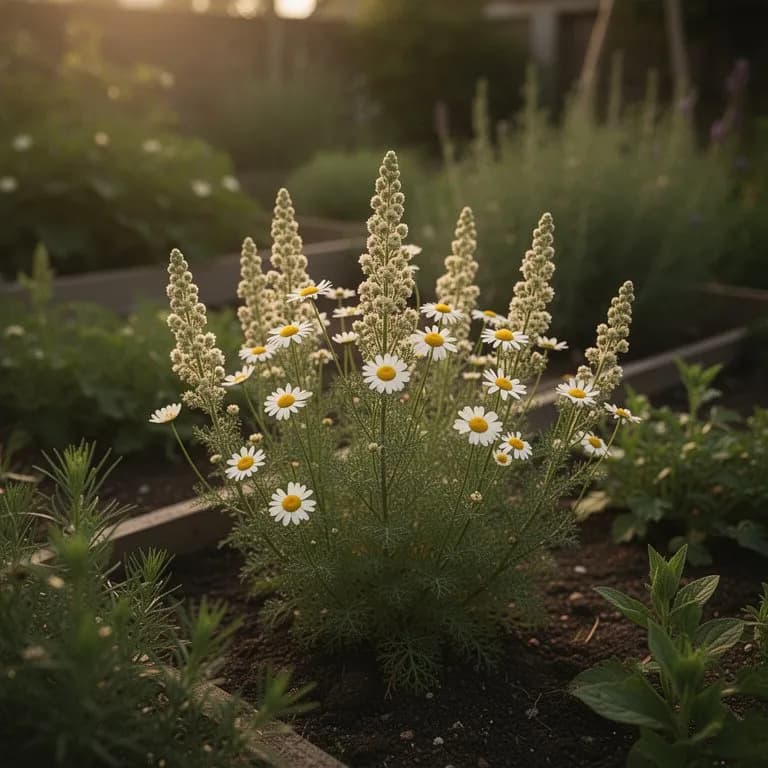 Scented mayweed flowers drying on a wooden rack in dappled shade