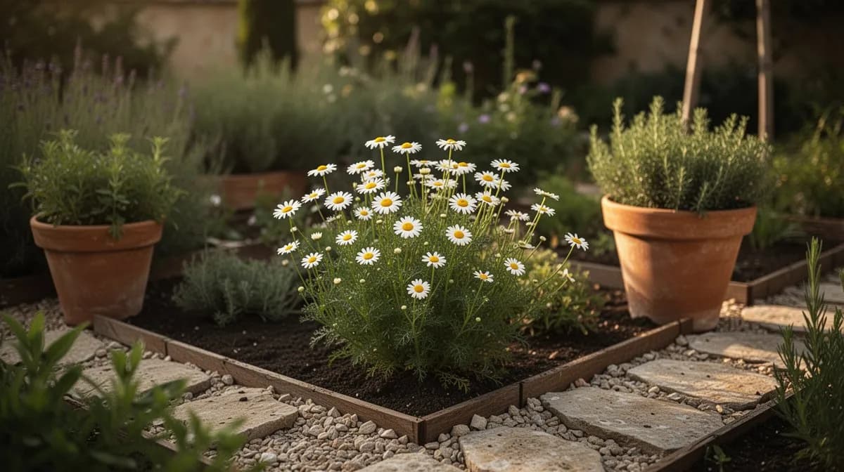 Scented mayweed growing between rows of vegetables in an organic garden