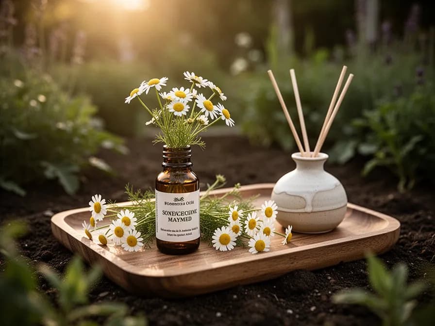 Flores de manzanilla aromática secándose sobre una rejilla de madera a la sombra moteada