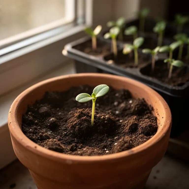 Tiny scented mayweed seedlings emerging from fine-textured soil