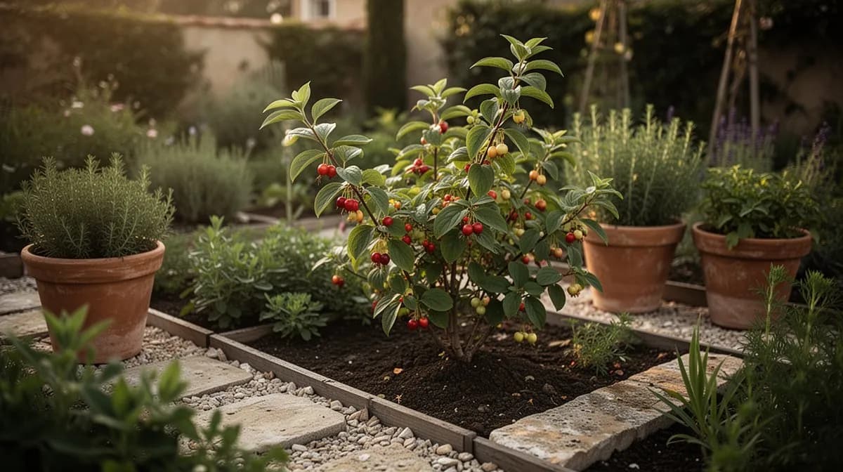Schisandra-Rebe wächst an einer Gartenlaube mit Begleitpflanzen darunter