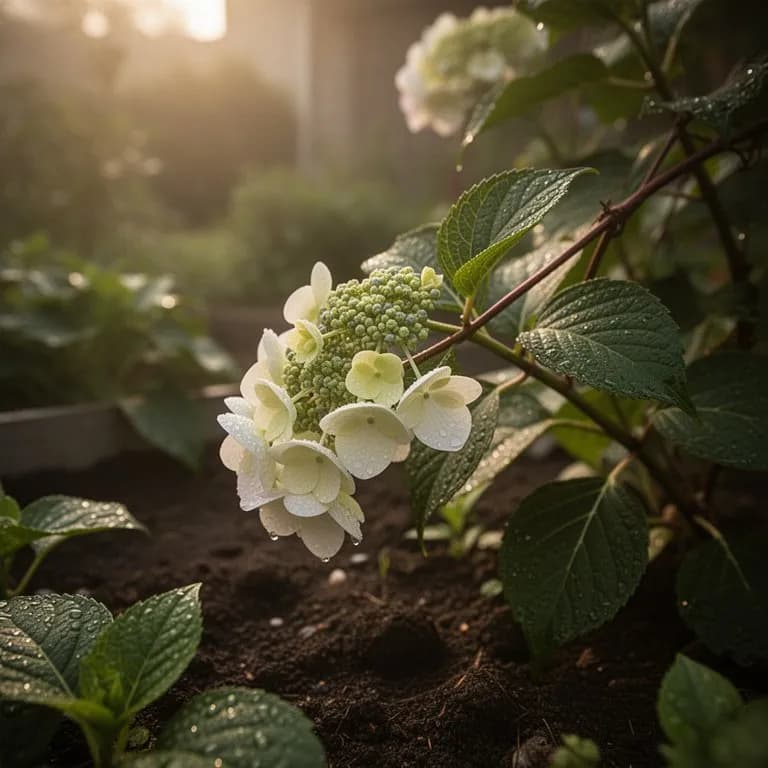 Primer plano de un racimo floral de Schizophragma en encaje que muestra los grandes sépalos de bráctea simple rodeando las pequeñas flores fértiles