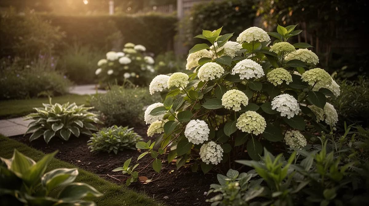 Schizophragma creciendo junto a hostas y helechos en un borde de jardín forestal sombrío