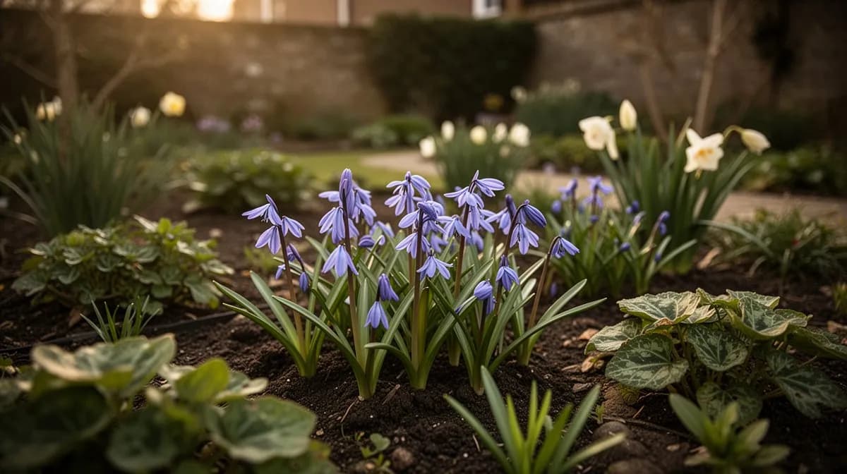 Scilla siberica gepflanzt zwischen Steinen und frühen Stauden in einem Frühlingsgartenbeet