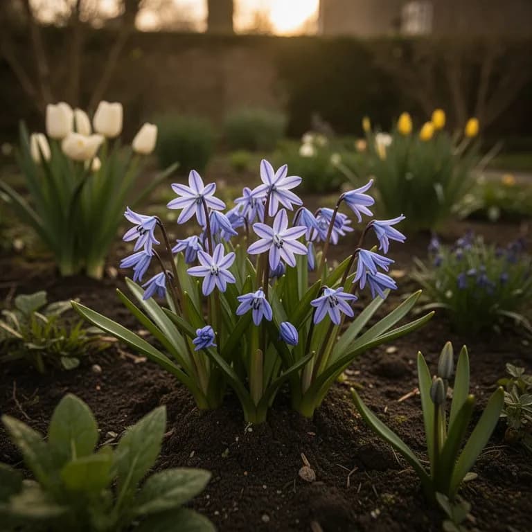 Scilla siberica 'Alba' de flores blancas floreciendo junto a las formas azules