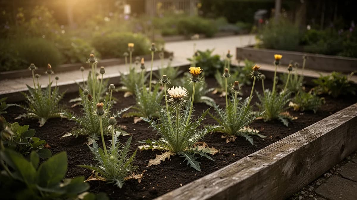 Reihe von Schwarzwurzelpflanzen in einem tiefen Hochbeet mit Strohmulch