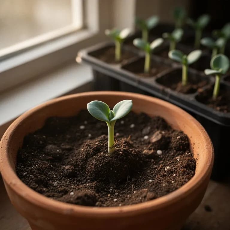 Young sea kale seedling with thick blue-green cotyledon leaves emerging from sandy soil