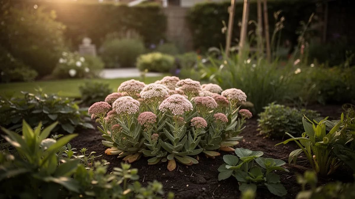 Sedum plantado junto a lavanda y equinacea en una bordura favorable a los polinizadores