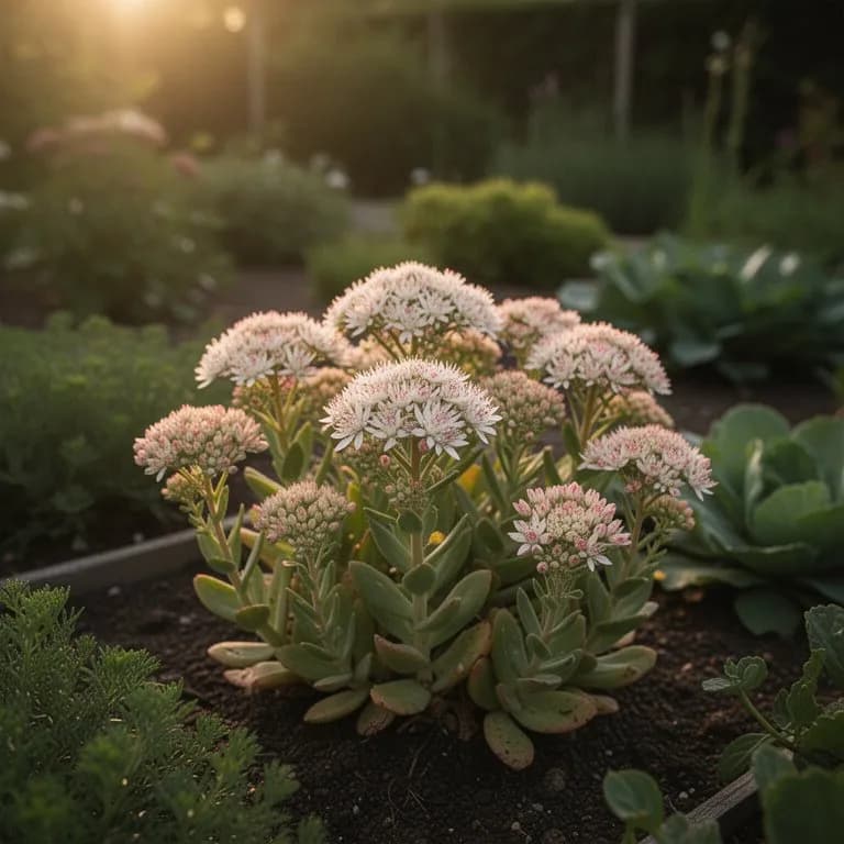 Coleccion de variedades de sedum que muestra colores de follaje diversos, del verde al burdeos y al azul grisaceo