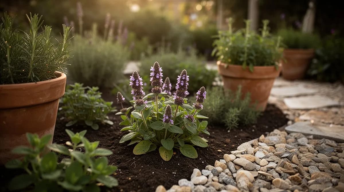 Autocuración creciendo bajo plantas más altas en un bancal de jardín