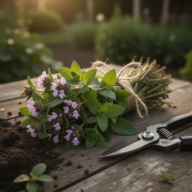 Frisch geerntete Stängel der Kleinen Braunelle mit Blüten und Blättern