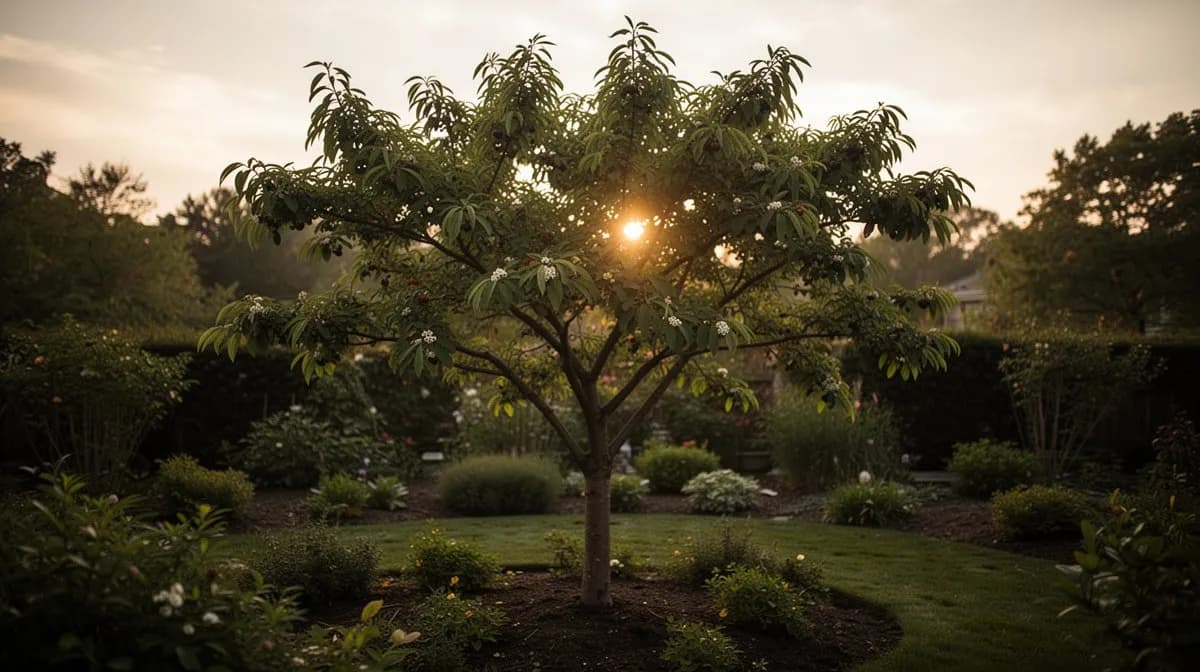 Frisch gepflanzter Felsenbirnenbaum mit Mulchring in einem sonnigen Gartenbeet