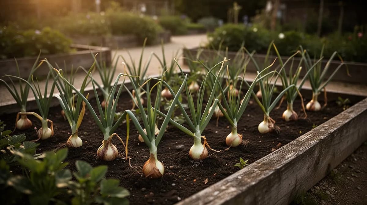 Üppig grünes Laub französischer Schalotten wächst in ordentlichen Reihen in einem gepflegten Garten