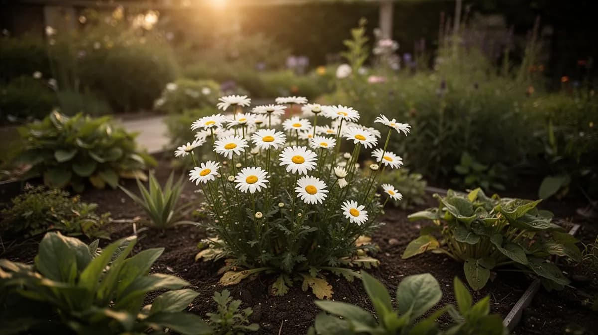 Flächenpflanzung von Margeriten entlang einer Gartenrabatte im Sommer