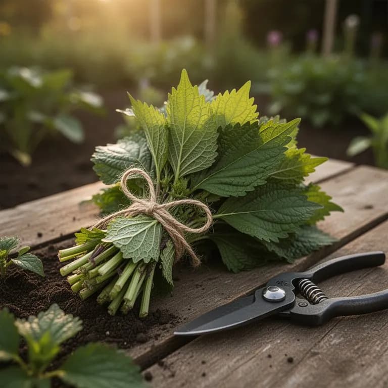 Frisch gepflücktes Bündel aromatischer Shiso-Blätter, angeordnet auf einem Bambustablett