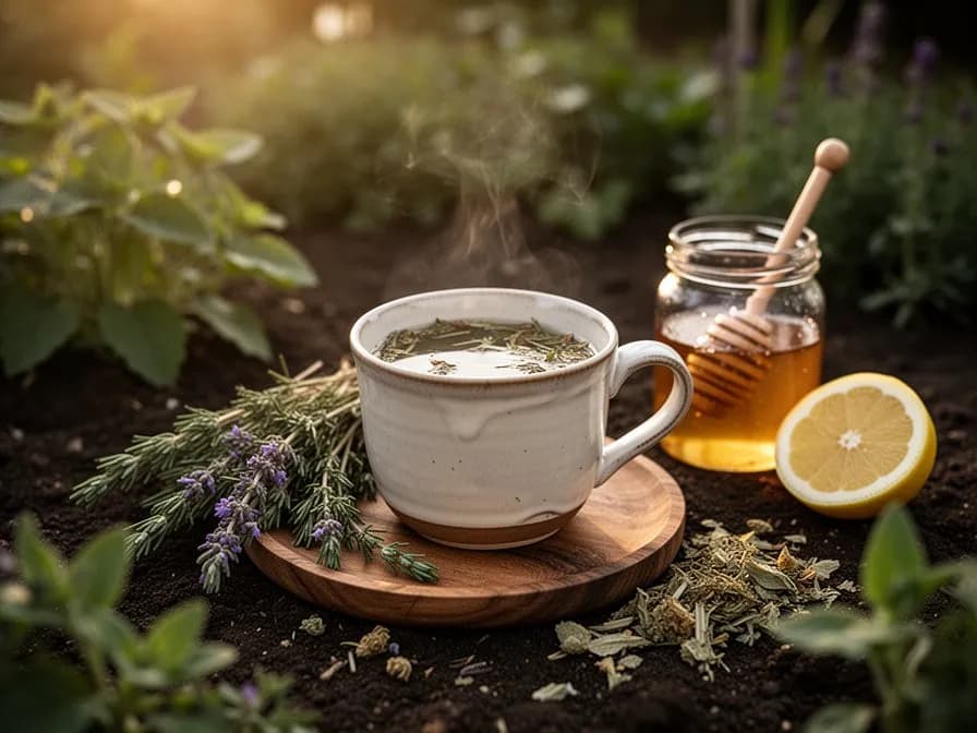 Taza caliente de té de corteza de olmo resbaladizo con una consistencia espesa y calmante junto a trozos de corteza seca