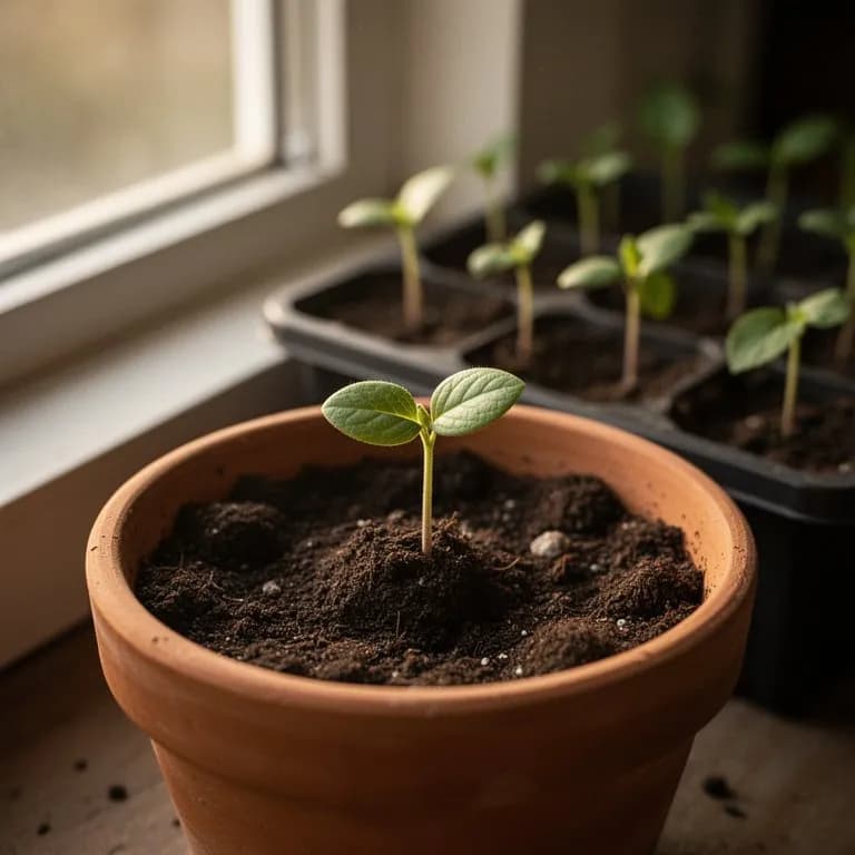 Plántula joven de olmo resbaladizo con hojas ovaladas y aserradas que emergen de un suelo forestal rico