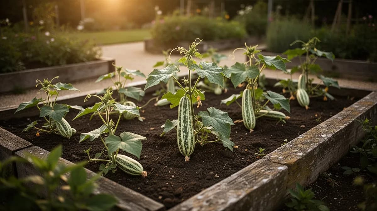 Vigorous snake gourd vine covering a large overhead arbor trellis in a tropical garden