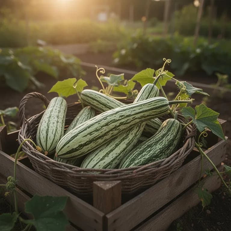 Freshly harvested pale green snake gourd fruits displayed on a wooden table