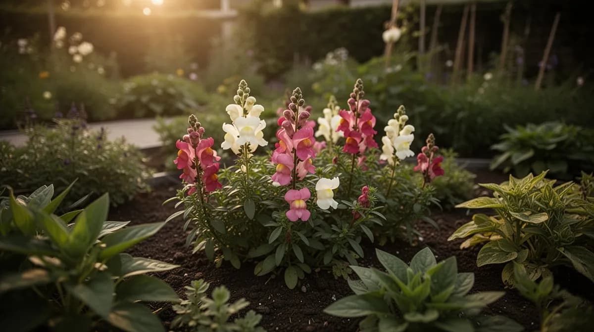 Löwenmäuler wachsen neben Rittersporn und Zinnien in einem bestäuberfreundlichen Bauerngarten