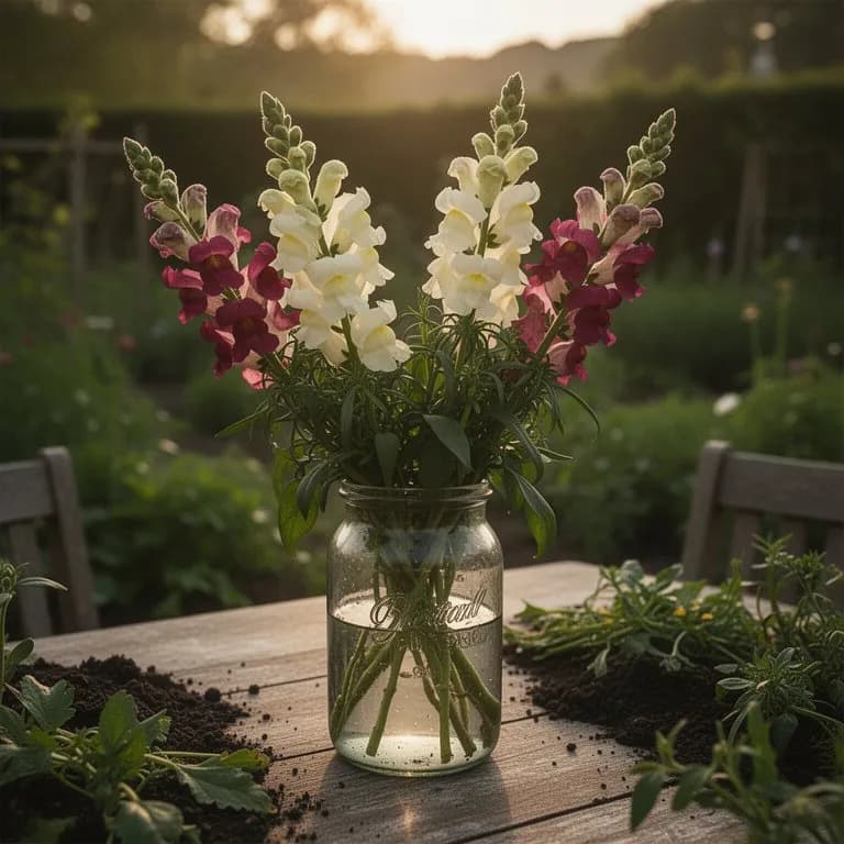 Frisch geschnittene Löwenmaul-Stiele in einer Glasvase, die langlebige Schnittblumen zeigen