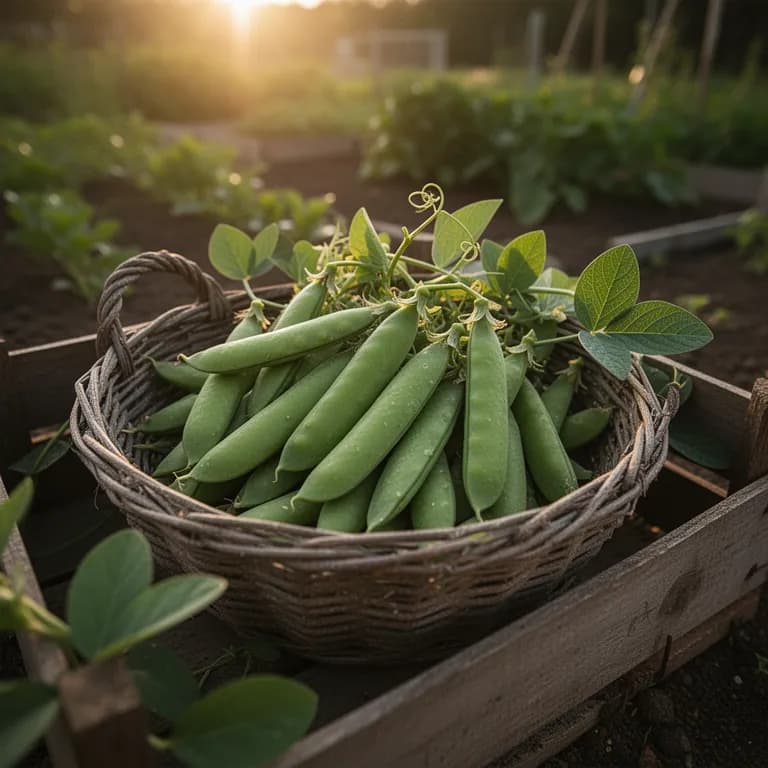 Handful of freshly picked snow peas in morning light