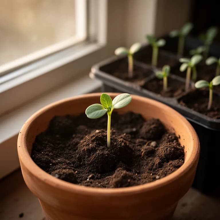Snow pea seedlings emerging with rounded cotyledon leaves and first tendrils