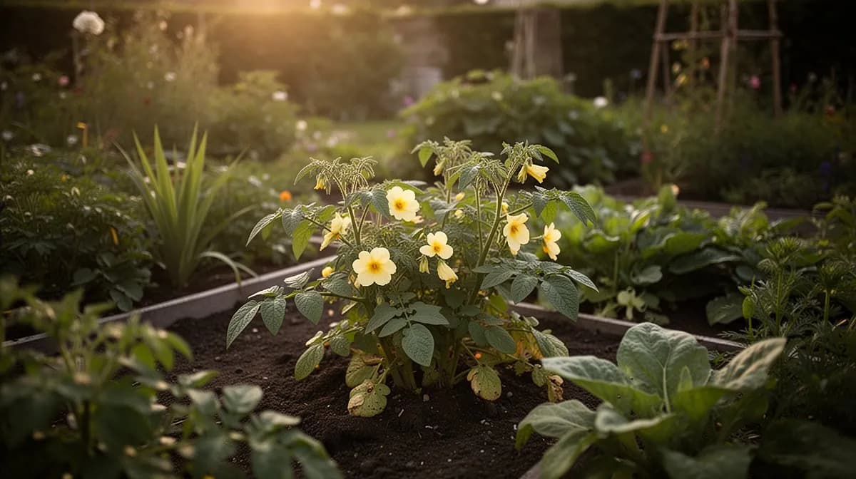 Ausgewachsener Kartoffelwein bedeckt eine Gartenpergola mit herabhängenden weißen Blütenbüscheln