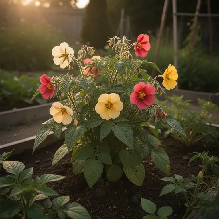 Kartoffelwein mit späten Blüten neben reifenden dunklen Beeren im Herbstlicht