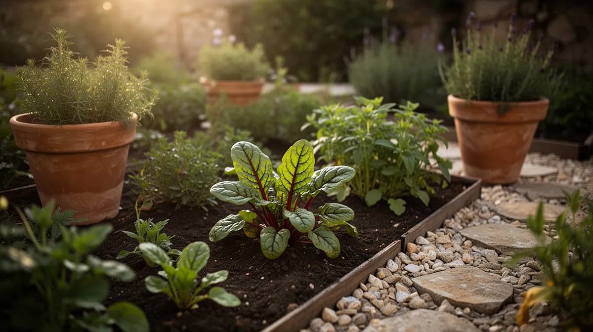 Rotgeäderter Sauerampfer als dekorative Einfassung entlang eines Gartenweges mit kontrastierenden grünen Kräutern gepflanzt