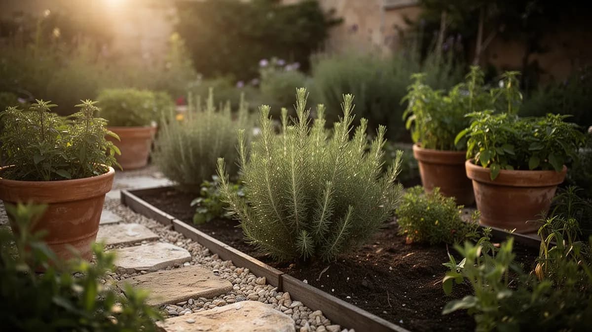 Eberraute als Randhecke gepflanzt neben Rosen und anderen Gartenpflanzen