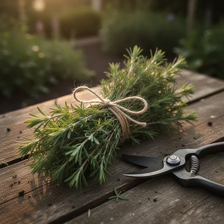 Frisch geschnittene Eberrauten-Zweige zusammengebündelt mit aromatischem Laub