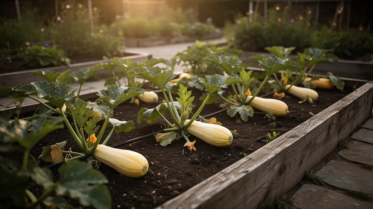 Mehrere Spaghettikürbisse reifen an Ranken in einem sonnigen Garten