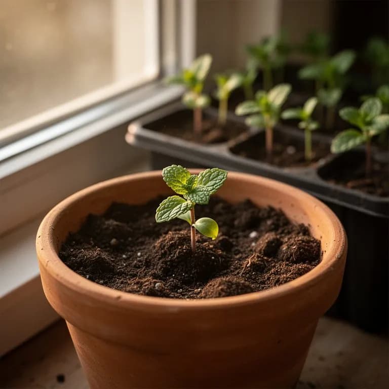Plántulas jóvenes de hierbabuena con pequeñas hojas aromáticas emergiendo de una tierra húmeda para macetas