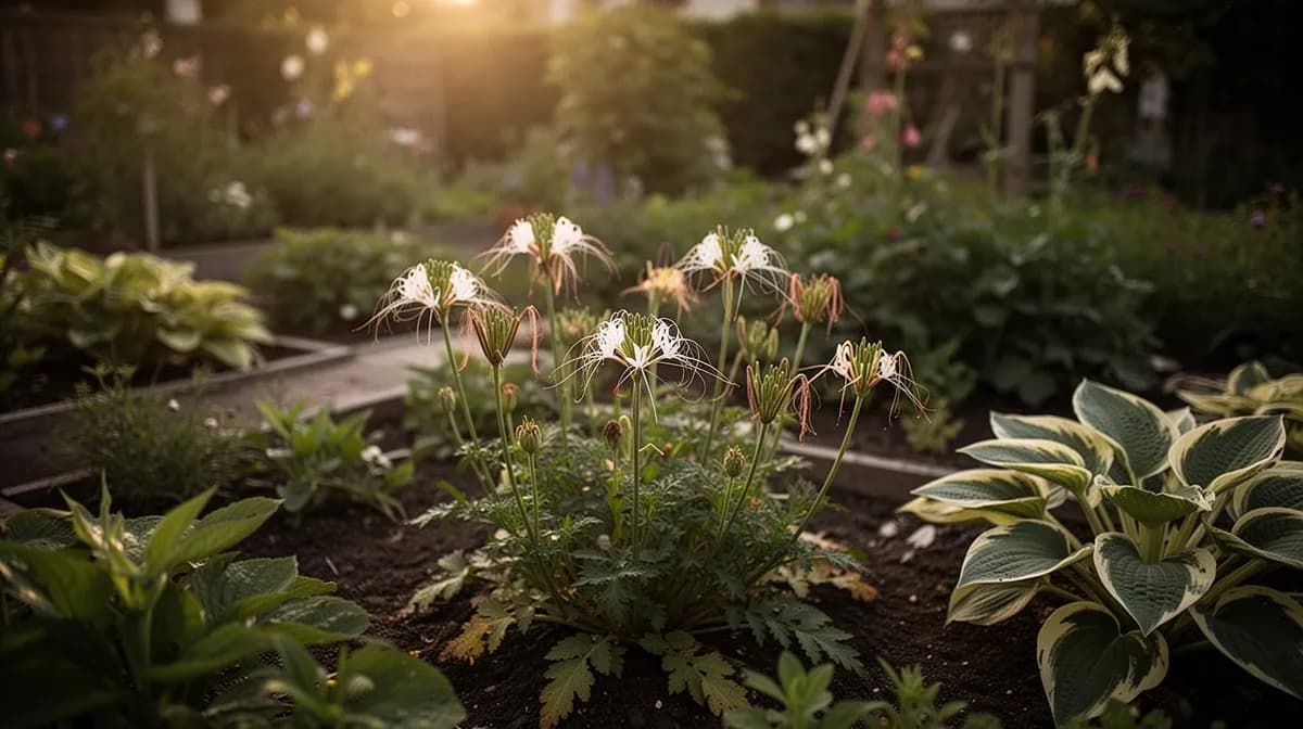 Spinnenblumen als hohe Beetbepflanzung entlang eines Gartenwegs