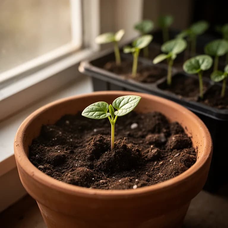 Young Malabar spinach seedling with thick, rounded cotyledon leaves