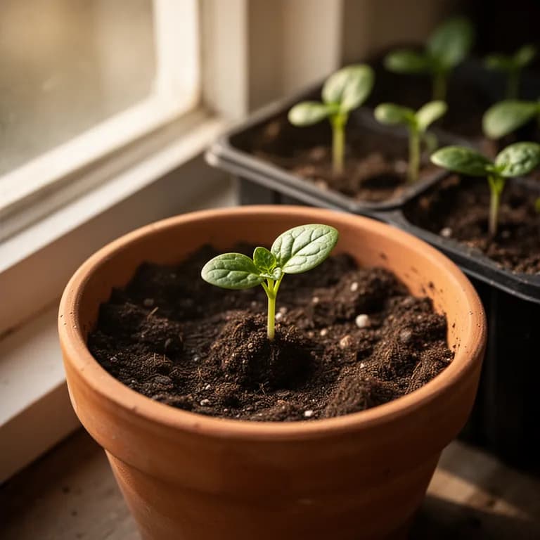 New Zealand spinach seedling with thick cotyledons emerging from soil