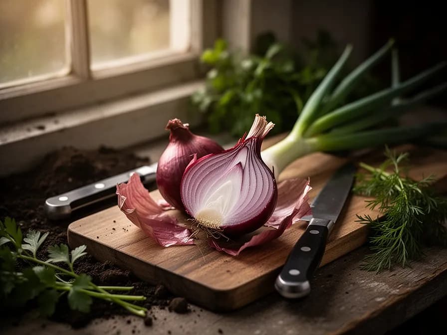 Dünn geschnittene rote Frühlingszwiebelringe, die konzentrische rote und weiße Schichten zeigen