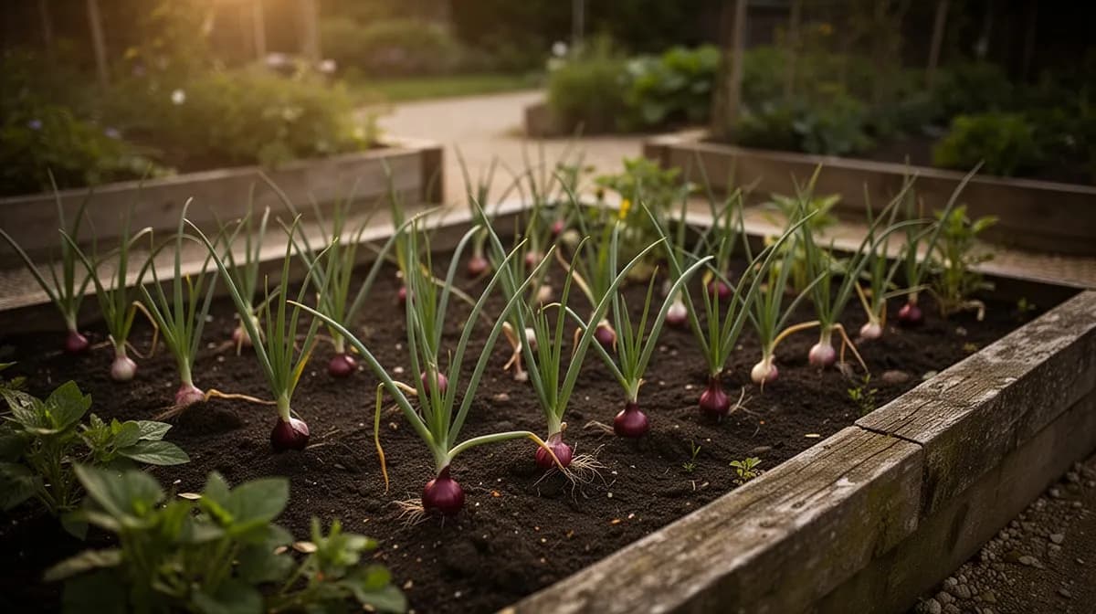 Dichte Reihe roter Frühlingszwiebeln, zwischen Karotten in einem Hochbeet gepflanzt